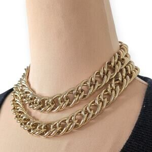 Double Strand Gold Tone Chain Choker Necklace 16"